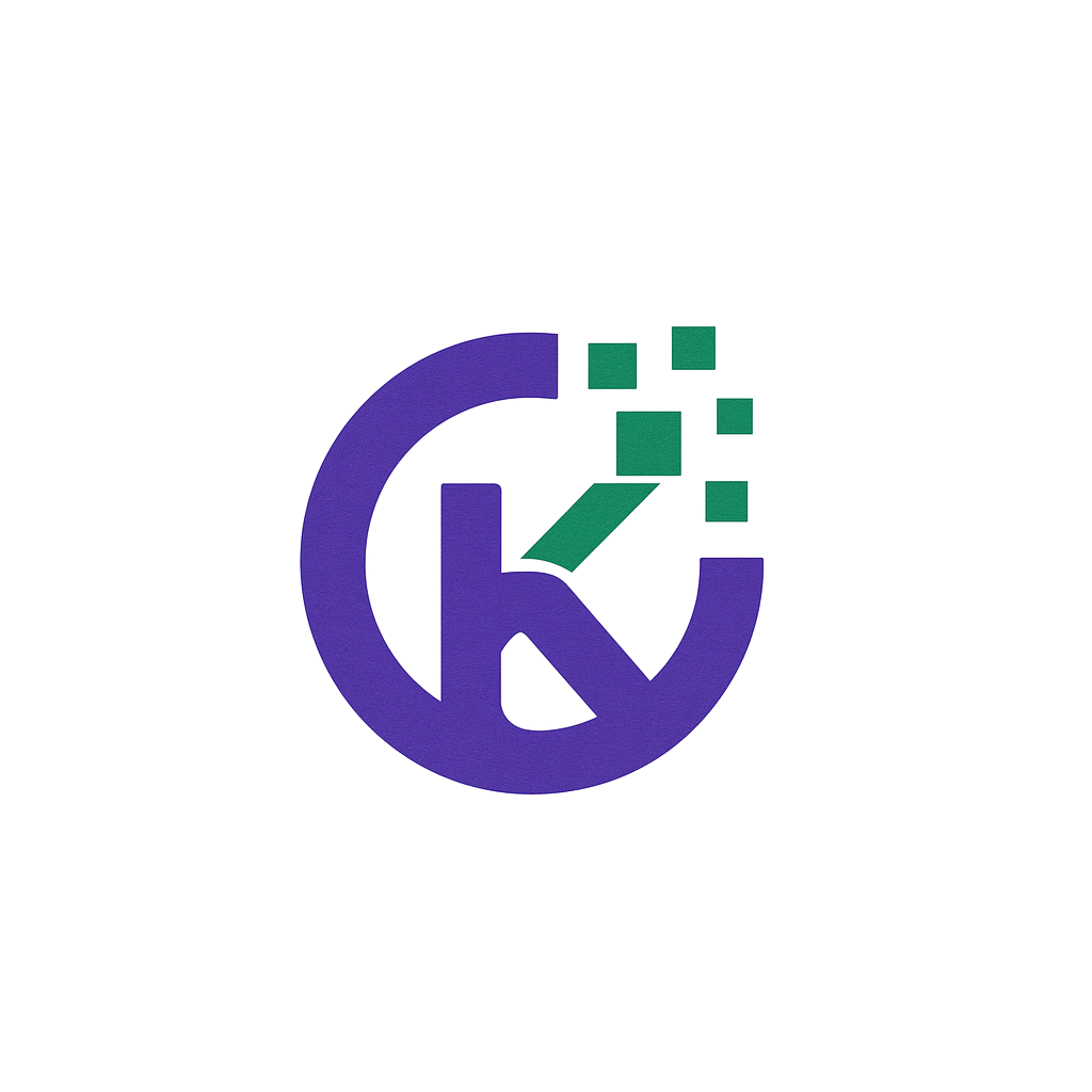 Korantive logo: a purple K inside a circle with green digital pixels, symbolizing innovation and growth in learning.