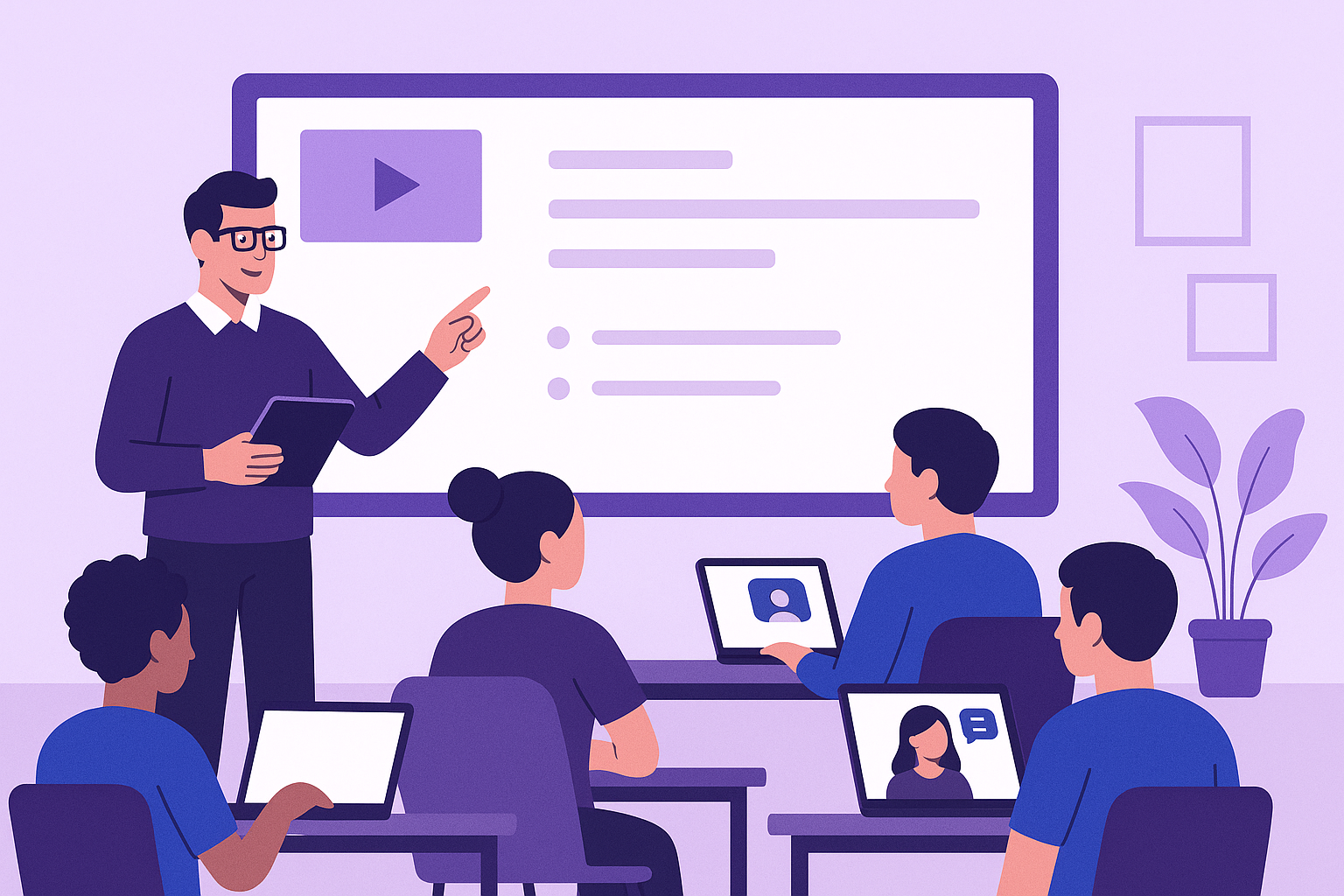 Flat vector illustration of a teacher standing at the front of a hybrid classroom, pointing to a large digital screen with bullet points and a play icon. The teacher holds a tablet while engaging students seated at desks. Some students work on laptops, while others join remotely on their screens. The scene uses modern, clean styling with purple and blue accents, and a potted plant decorates the background.